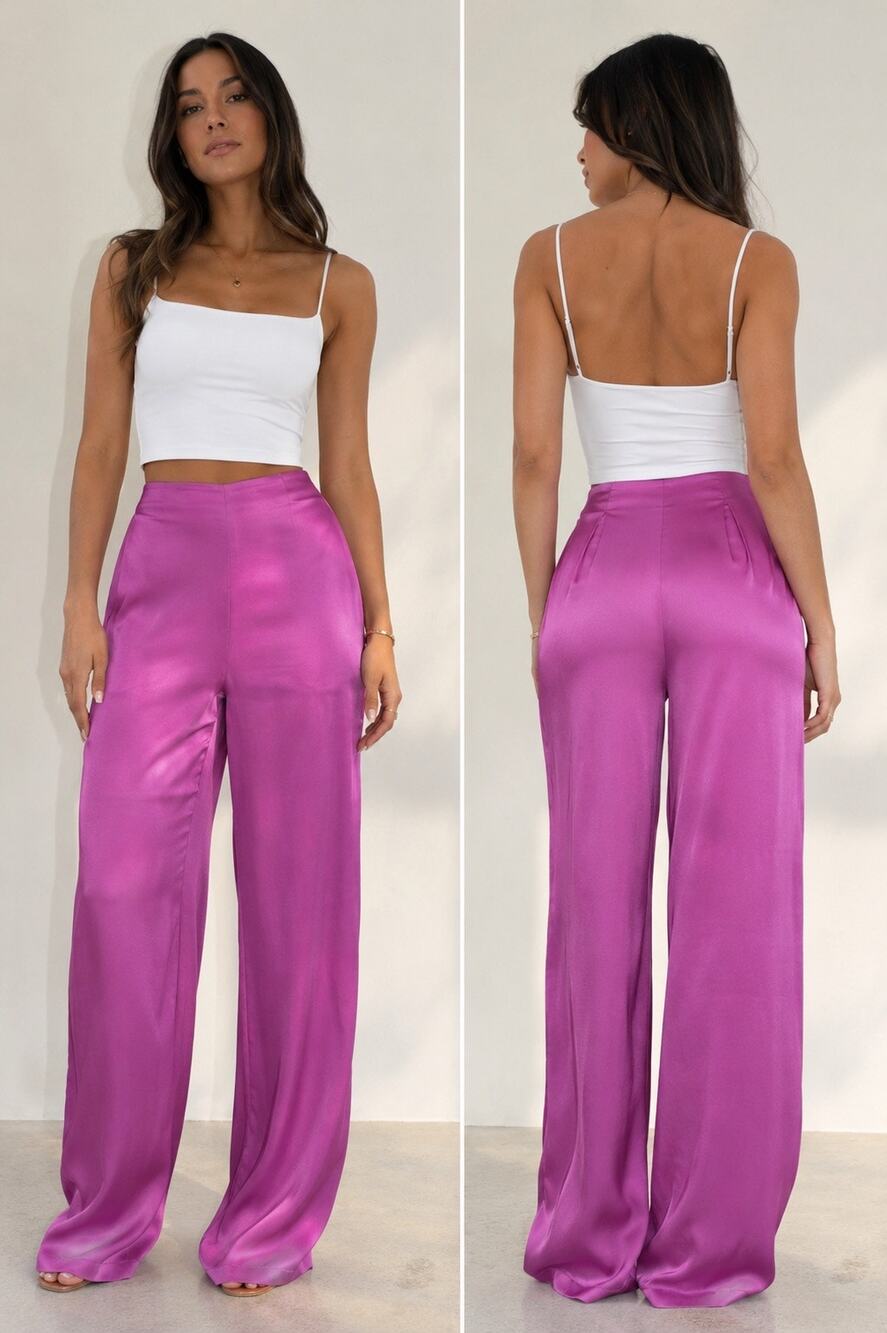 ZARA Fuchsia Satin Wide Leg High Rise Palazzo Pants Trousers NWT Size Small
